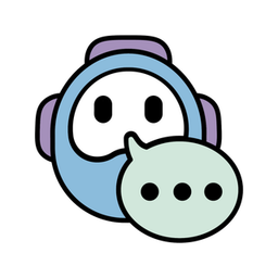 Light blue smiling chatbot icon with purple headphones next to a light green speech bubble with three dots.